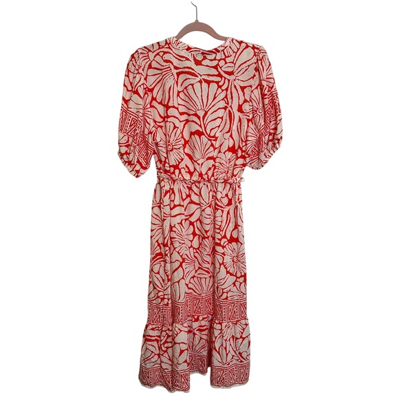 Fig + Flower Anthropologie Tiered Midi‎ Dress Size XL Orange White Batik Print - Picture 2 of 10